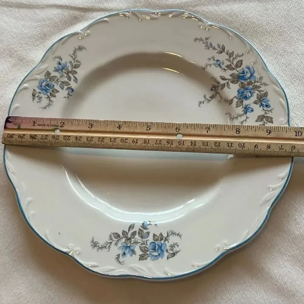 Sterling Colonial Plate 9 3/4 Inches Round White Blue Roses & Trim Scallop Edge